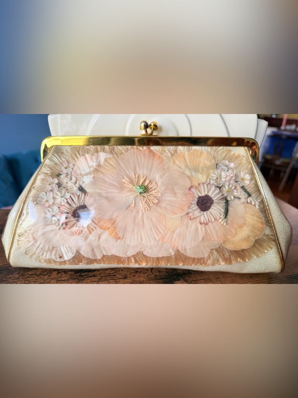 Vintage Floral Clutch with Gold Frame - Peachy Pink flowers. Cream and gold tone
